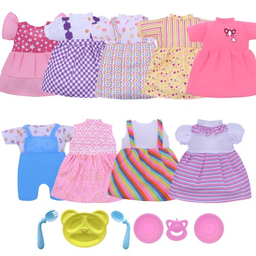 YAYYAY Baby Doll Outfit - 9SET Dolls Clothes Colorful Design with Pink Star Princess Skirt and Blue Strap Jumpsuit | Includes Dinner Plate Nipple Underwear Accessory | Ages 3+ | Fits Dolls 10"- 14 "