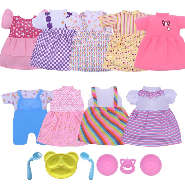 YAYYAY Baby Doll Outfit - 9SET Dolls Clothes Colorful Design with Pink Star Princess Skirt and Blue Strap Jumpsuit | Includes Dinner Plate Nipple Underwear Accessory | Ages 3+ | Fits Dolls 10"- 14 "