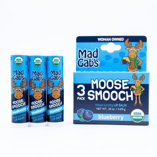Mad Gab's Moose Smooch Blueberry Lip Balm | Moisturizing and Certified Organic | Made with Organic Olive Oil, Beeswax, and Vitamin E | Gift Set (3 Pack)
