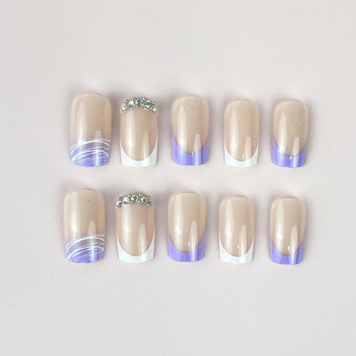 Generic 24Pcs White Purple French Tip Press on Nails Medium Square Fake Nails Purple Glitter Stick on Nails with Rhinestones Designs Full Cover Acrylic False Nails Glue on Nails for Women and Girls