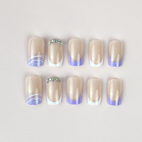 Generic 24Pcs White Purple French Tip Press on Nails Medium Square Fake Nails Purple Glitter Stick on Nails with Rhinestones Designs Full Cover Acrylic False Nails Glue on Nails for Women and Girls