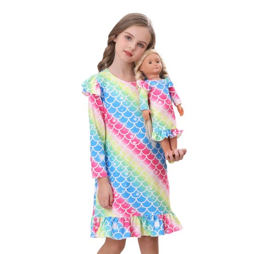 Bow Dream Toddler Girls Rainbow Strips Dress and Matching American Girl Doll Clothes for Girls Kids Clothes Size 130