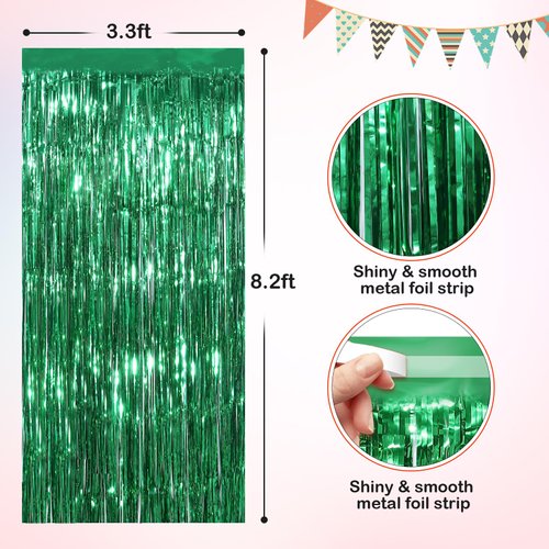 Green Metallic Tinsel Foil Fringe Curtains, 4 Pack 3.3x8.3 Feet Party Streamer for Birthday Party Decorations, Halloween Decor, Foil Curtain for Bachelorette Party