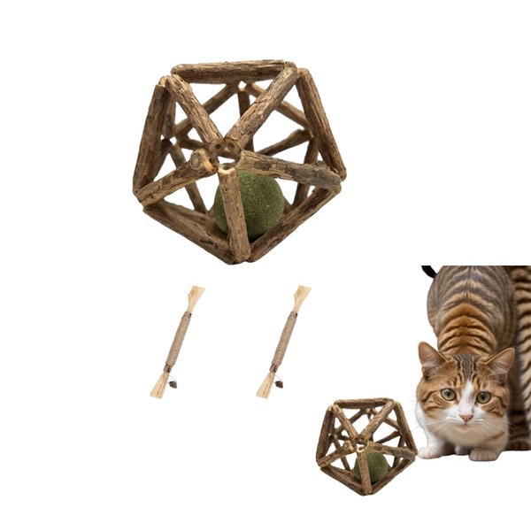 Kamanda Cat Catnip Toy,3Pcs Catnip Toys Set with 1Pcs Catnip Ball Toys with 2Pcs Nature Silvervine Stick,Cat Toys for Indoor Cats Cat Chew Toy for Cleaning Teeth,Relaxing Cats Toy for All Breeds
