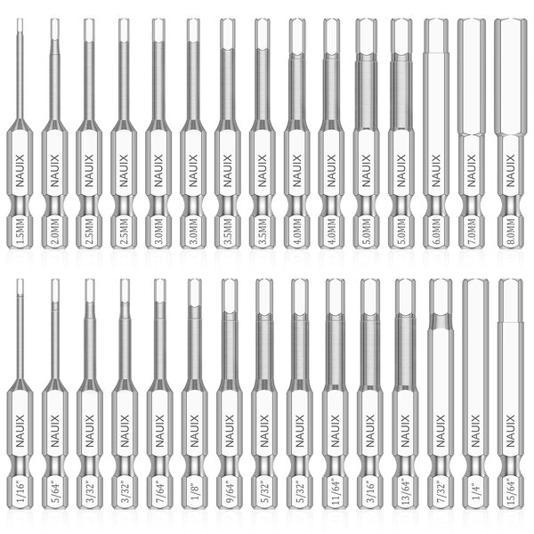 30 Piece Hex Head Allen Wrench Drill Bit Set, 1/4 Inch Hex Shank Metric and SAE S2 Steel Hex Bit Set, Magnetic Tips 50mm Long (SAE+METRIC HEX BITS)