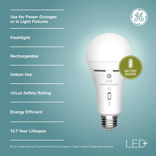 GE LED+ Backup Battery LED Light Bulbs, 8W, Rechargeable Emergency Light for Power Outages + Flashlight, Soft White, A21 (2 Pack)