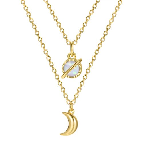 JEWELJOY 2PCS 18K Gold Plated Moon and Saturn Pendant Necklace Set/Natural Opal Necklace for Women