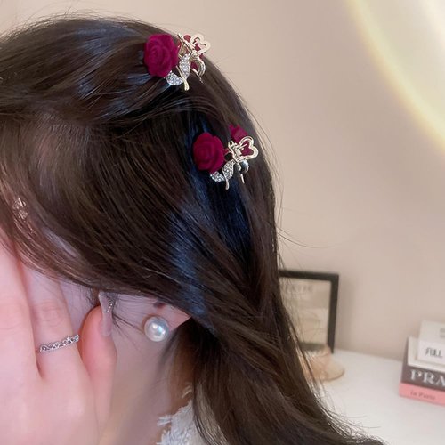 Wiwpar 2PCS Red Rose Hair Clip Velvet Mini Hair Claw Clip Small Hair Clips Clamps Non Slip Flower Jaw Clips Flower Hair Barrettes Headpiece for Women Girl Wedding Birthday Valentine Mother's Day Gift