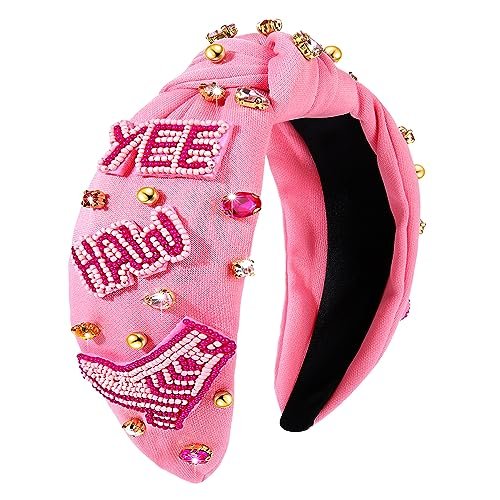 Western Headband Rhinestone Crystal Knotted Headbands Hot Pink Beaded YEEHAW Headband Jeweled Embellished Wide Top Knot Headband Western Cowgirl Accessories for Women Country Concert Rodeo Nashville