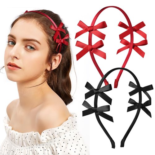 2 PCS Double Ribbon Bow Headband for Women Satin Hair Bows Thin Headband Hair Band Wedding Headband Hair Accessories for Women Girls (Red&Black)