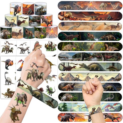 60PCS Realistic Dinosaur Party Favors Set include 36Pcs Dinosaur Temporary Tattoos Stickers, 24Pcs Dinosaur Slap Bracelet for Forest Dinosaur Dino Party Favors Prehistoric Dinosaur Themed Supplies