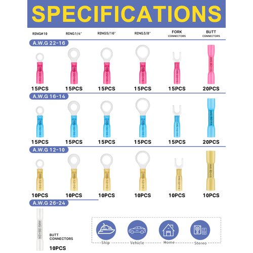 haisstronica 260PCS Heat Shrink Wire Connectors-Marine Grade Heat Shrink Butt Connectors-Electrical Connectors Kit of Tinned Red Copper,AWG 26-10 Crimp Insulated Ring Fork Butt Splice(4Colors/6Size)