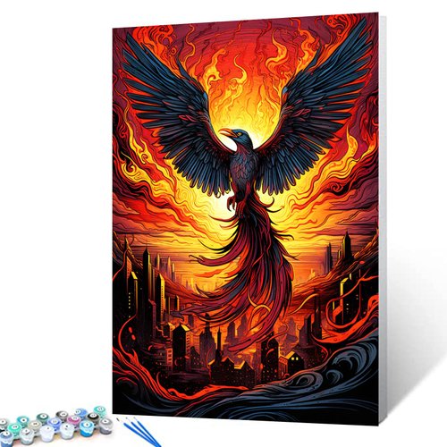 Fire Phoenix Oil Paint by Number Cityscape Landscape Acrylic Painting Kit for Kids Adults Beginner Wildlife/Animal DIY Canvas Paintwork Arts Craft Home Decor 16x20 Inch Home Decor Gift(DIY Frame)