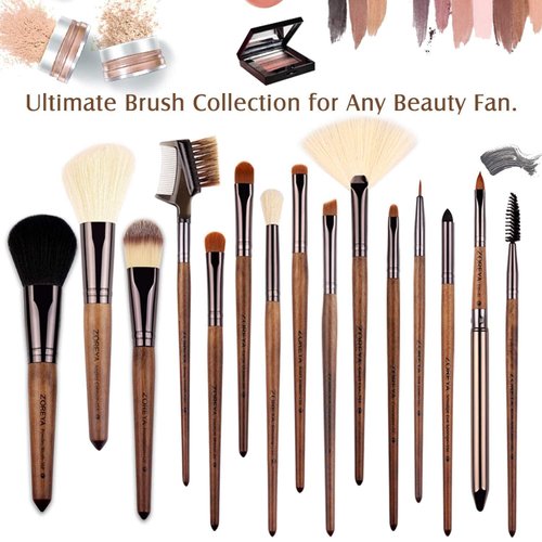 Makeup Brush Set, 15pcs Unique Walnut Makeup Brushes with Vegan Leather Bag, Professional No Shed Tan Makeup Brushes