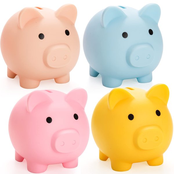 ZEAYEA 4 Pieces Cute Plastic Pig Money Bank, Unbreakable Saving Money Box Coin Bank for Boys Girls Adults, Plastic Piggy Bank Practical Gifts for Birthday, Christmas, New Year