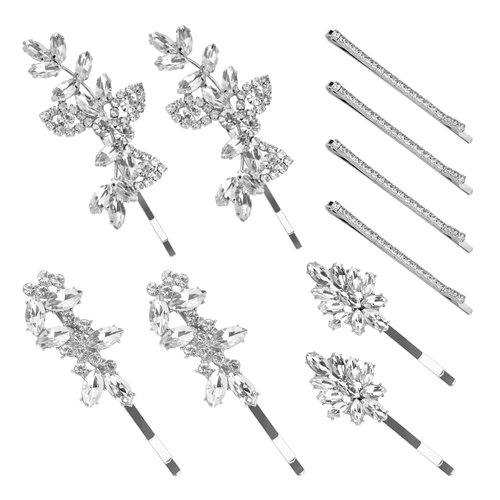 10 Pieces Rhinestone Bridal Hair Clips, FHDUSRYO Wedding Hair Pins Flower Leaf Hairpin, Crystal Bobby Pins Elegant Hair Barrette, Bridal Hair Accessories for Women Girls (Silver)