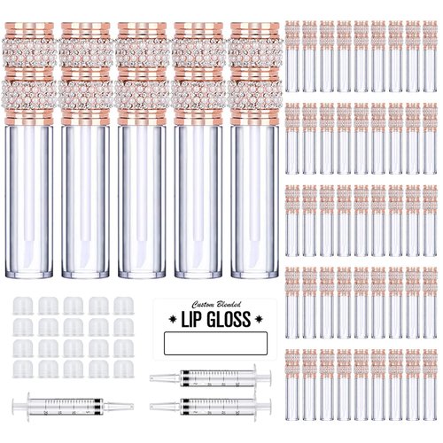 AMORIX 50 Pack Pearl Diamond Lip Gloss Tubes with Wand 5ml Empty Lip Gloss Containers Cute Lipgloss Bottles Crystal Lip Gloss Supplies Kit + 3pcs Syringes + Labels for DIY Lip Gloss Base