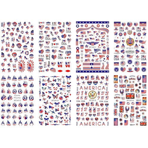 8sheets 4th of July Nail Art Stickers 3D Self-Adhesive American Flag Patriotic Independence Day Nail Decals USA Flags Butterfly Heart Star Nail Design I Love America for Memorial Day DIY Manicure