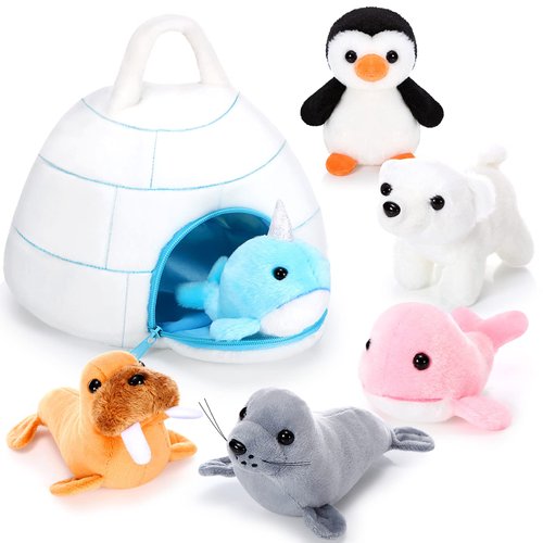 Hungdao 7 Pcs Polar Plush Toys Set Stuffed Polar Bear Walrus Penguin Whale Narwhal Seal Polar Stuffed Animals with Igloo Ocean Animal Plushies for Kids Toddlers Birthday Party Gifts