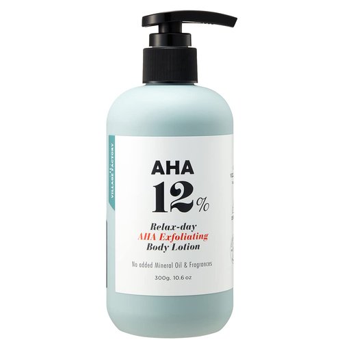 VILLAGE11FACTORY AHA 12% Body Lotion, Korean Body Cream, Exfoliating & Rejuvenating Formula with 12% Glycolic Acid and Hyaluronic Acid. Unscented, Paraben Free. 10.6 Oz