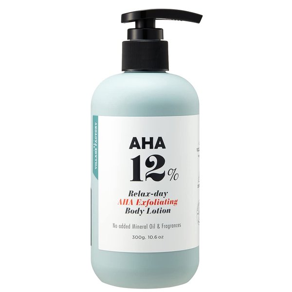VILLAGE11FACTORY AHA 12% Body Lotion, Korean Body Cream, Exfoliating & Rejuvenating Formula with 12% Glycolic Acid and Hyaluronic Acid. Unscented, Paraben Free. 10.6 Oz