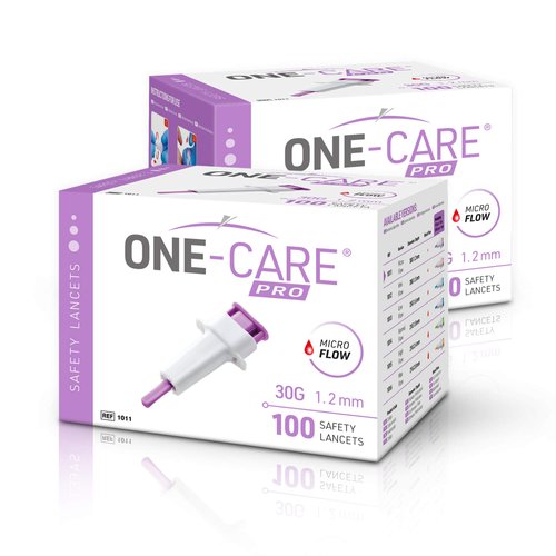 MediVena ONE-CARE PRO Safety Lancets, Top Push Button Activated, 30G x 1.2mm, 100/bx, Sterile, Gentle & Comfortable Sampling