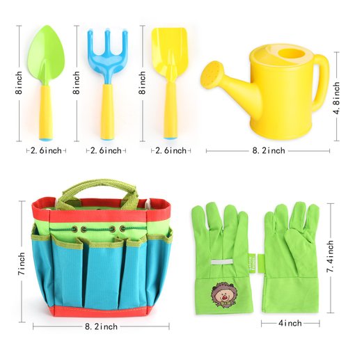 FITNATE Green Kids Garden Tools Set,6 PCS Garden Tools Including Watering Can, Shovel, Rake, Fork, Children Gardening Gloves and Garden Tote Bag, All in One Set