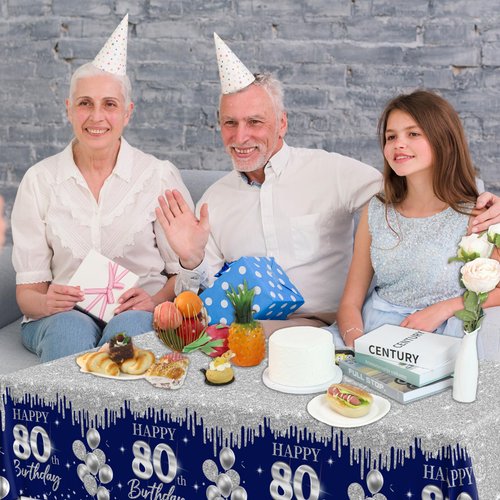 Guzbewu 80th Birthday Party Supplies for Men,3pcs Sliver Blue 80th Birthday Tablecloth Rectangle Happy 80th Birthday Table Cloth for Blue 80th Birthday Decorations