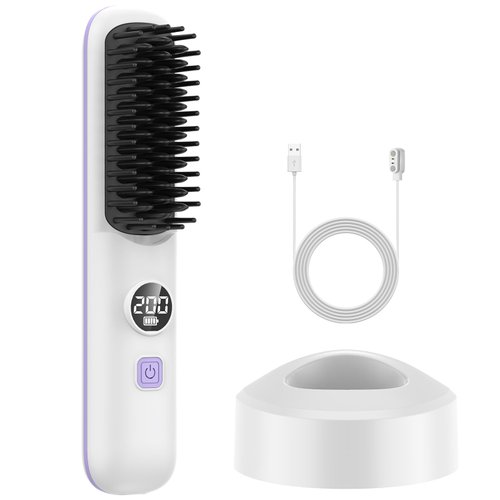 HUNAIF Cordless Hair Straightening Comb|Portable Travel Hair Straightening Comb for Women|Hot Comb|Hair Straightener & Curling Iron 2-in-1|5-Position Temperature Adjustment|LED Display White