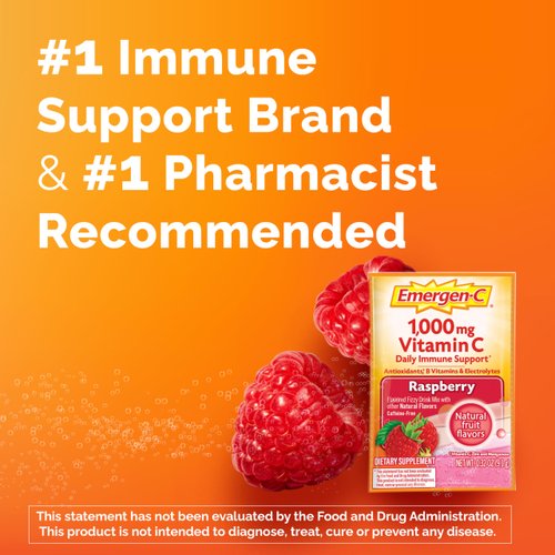Emergen-C 1000mg Vitamin C Powder, with Antioxidants, B Vitamins and Electrolytes, Vitamin C Supplements for Immune Support, Caffeine Free Drink Mix, Raspberry Flavor - 60 Count/2 Month Supply