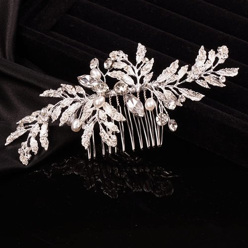 Teyglen Leaf Bride Wedding Hair Comb Silver Leave Headpiece Bridal Crystal Pearl Hair Piece for Bride Handmade Hair Side Comb for Women Girls(Silver)