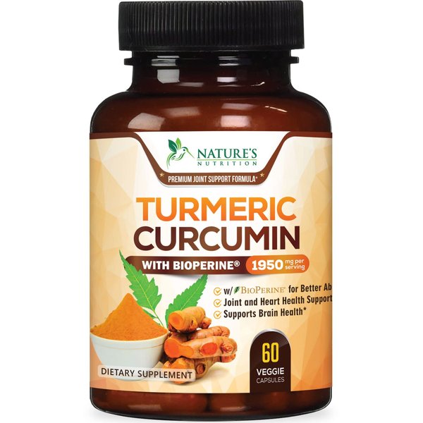 Turmeric Curcumin with BioPerine 95% Standardized Curcuminoids 1950mg - Black Pepper Extract for Max Absorption, Nature's Joint Support Supplement, Herbal Turmeric Pills, Vegan Non-GMO - 60 Capsules