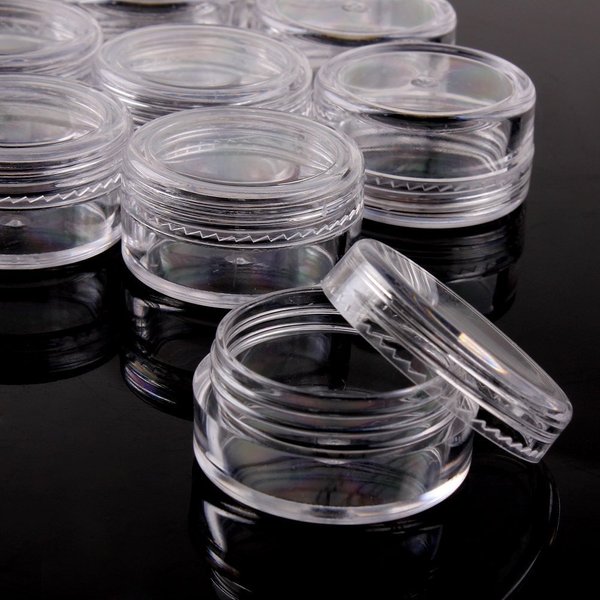 JOVANA 200 pcs New Empty Clear Plastic Cosmetic Containers 3 Gram Size Pot Jars Eye Shadow Container Lot Size:Diameter: 31 mm/1.2 inch Height: 16.5 mm/0.6 inch.