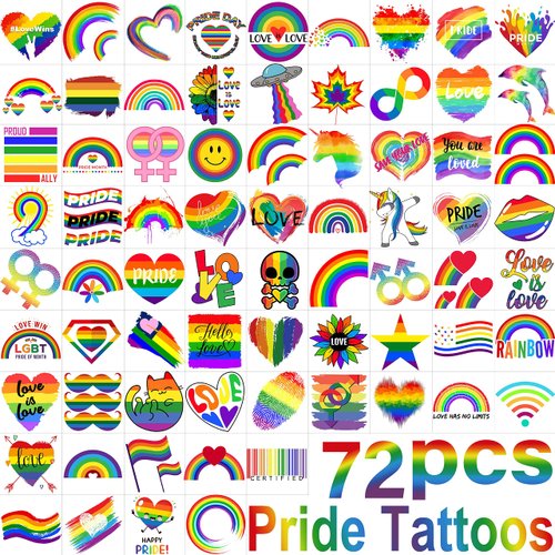 VANTATY 72 PCS Pride Tattoos, Rainbow Temporary Tattoos For Women Men Adults, LGBT Kids Pride Face Tattoos Temporary, Heart Flag Stripes Rainbow Body Stickers, LGBT Gay Pride Accessories Parade Festival Celebrations Party