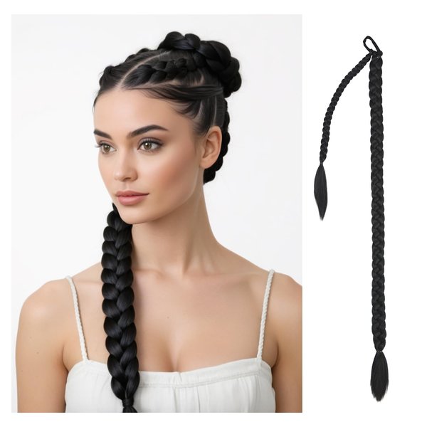 34 Inch Black Long Braided Ponytail Extension with Hair Tie Straight Wrap Around Hair Extensions DIY Pre Stretched Natural Soft Synthetic Hair Piece for Women (MW-1#)