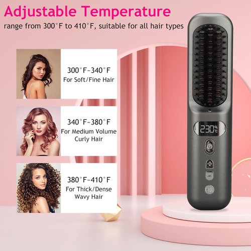 Portable Hair Straightener Brush, 30s Fast Heating Mini Hair Straightener for Travel, 9 Temp Setting Cordless Hair Straightener Brush, Ionic Hair Straightener Comb for Women Girls