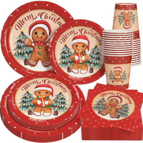 100 Pieces Gingerbread Christmas Decorations Set Serves 25 Christmas Party Disposable Tableware Gingerbread Man Paper Plates Napkins Cups for Xmas Gingerbread Theme Party Supplies