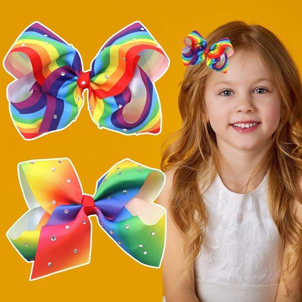 Pride Day Rainbow Bow Hair Clip with Rhinestone Grosgrain Ribbon Bows HairClips Pride Headpiece Hair Pins Holiday Hair Accessories Headband for Women Girls Kids 2Pcs