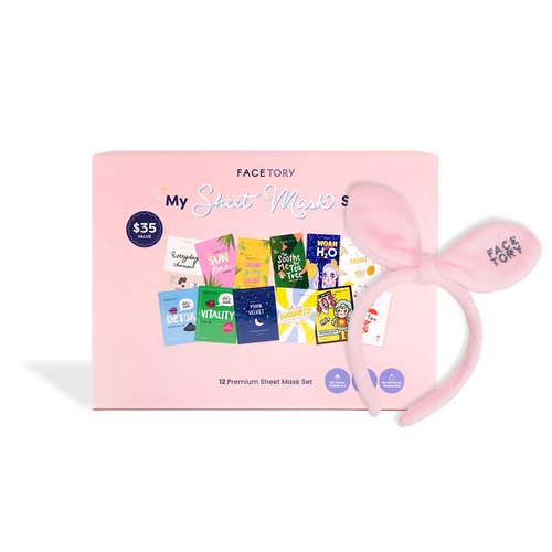 FaceTory 12 Sheet Mask Gift Set with Bow Bunny Hairband - Made for All Skin Types - Contains Hyaluronic Acid, Niacinamide, Aloe Extract - Hydrates and Promotes Radiance, With Headband for Washing Face