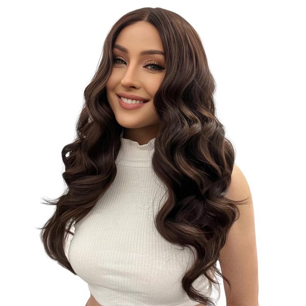 Rosella Lace Front Wigs Synthetic Wig Heat Resistant Fiber Wigs Curly Wigs Wavy Wig Body Wave Long Wig Loose Wave Natural Wave Colorful Breathable Wig (26 inches, chocolate)