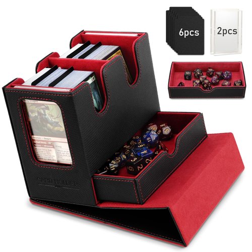 TiMOVO MTG Deck Box, MTG Commander Card Deck Box with Commander Display & Dice Tray Fits 400+ Unsleeved Cards, Leather Magnetic Card Storage Case with 6 Dividers for TCG CCG Magic Cards, Black+Red