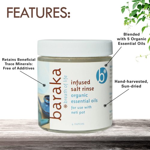 Baraka Infused Sea Salt - Neti Pot Salt for Sinus Rinse & Nose Cleaner, Essential Oil Infused Neti Salt, Nasal Salt w/Virginia Cedarwood, Palmarosa, Green Myrtle, Fir Balsam & Rosemary, 4 oz (1 Pack)