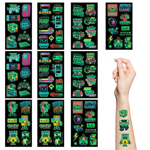 10 Sheet Gamer Stickers Glow in Dark Gaming Temporary Tattoos Video Game Gifts for Kids Classroom...