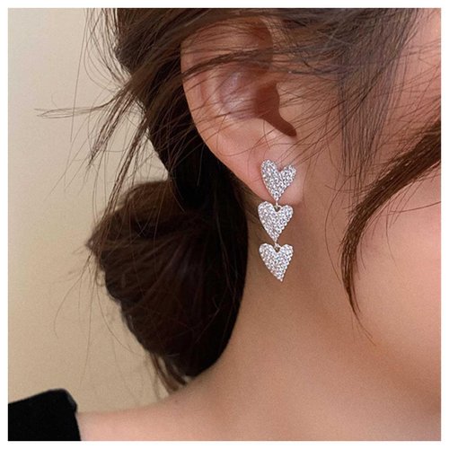 Sttiafay Vintage Heart Drop Earrings Long Heart Dangle Earrings Triple Heart Stud Earrings Silver Love Heart Earrings Jewelry for Women