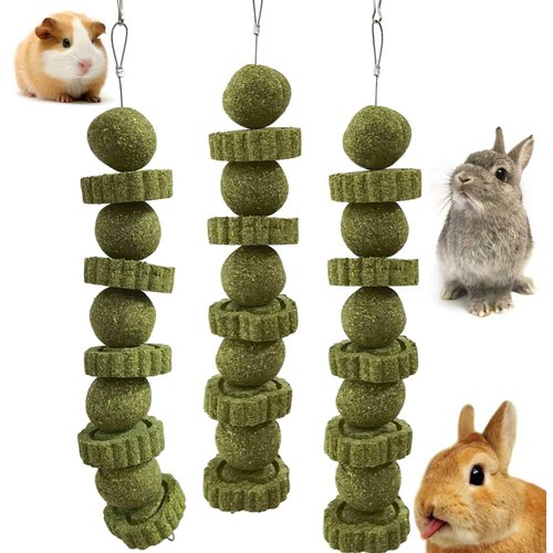kathson 3Pcs Bunny Chew Toys Rabbit Chewing Toy for Teeth Grinding Chinchilla Treats Timothy Grass Cake Molar Balls for Guinea Pigs Hamsters Gerbils Rats Squirrels Playing Improve Pets Dental