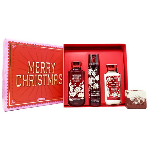Bath & Body Works Japanese Cherry Blossom - Gift Box Set - Fine Fragrance Mist, Shower Gel and Body Lotion With a Cherry On Top Soap.