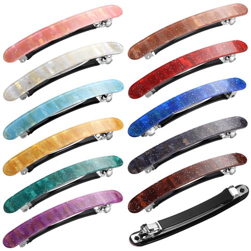 12 Pieces Hair Barrettes for Women Tortoise Shell Hair Barrettes Acetate French Skinny Hair Clip Automatic Ponytail Barrettes for Women Fine Hair Thin Hair Accessories (Retro Color)