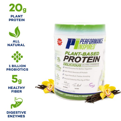 Performance Inspired Nutrition Plant-Based Protein Powder - All Natural - 20G - 1B Probiotics - Digestive Enzymes - Fiber Packed - G Free - Vanilla Bean - 1.5 Lb