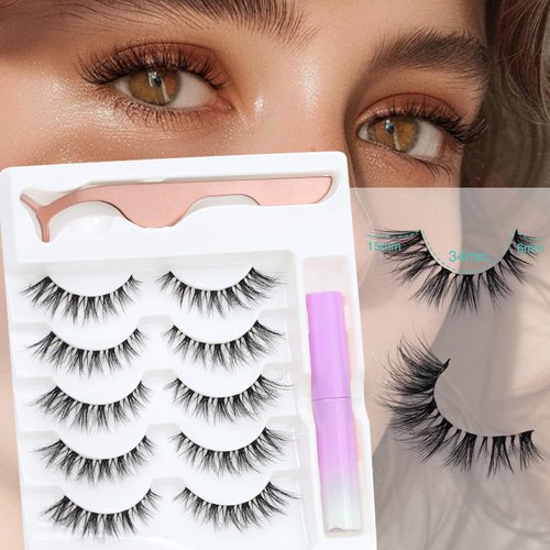 Obeyalash 5 Pairs Cat Eye False Eyelashes Natural Look with Lash Glue & Applicator Kit 3D Wispy Short Pestañas Postizas Naturales Strip Lashes with Clear Band Fake lashes Pack