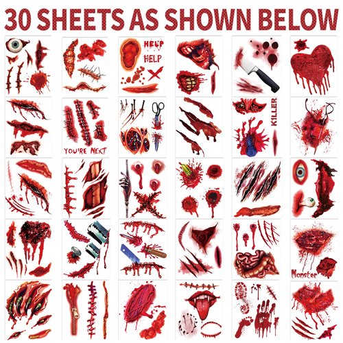 XZENTIRA 30 Sheets Halloween Zombie Temporary Tattoos, Fake Scars Tattoos, Horror Realistic Wound Stitch Face Body Makeup Sticker, Scar Fake Blood Tattoos for Women Men Kids Halloween Party